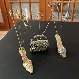 3 Vintage enameled Photo Memo Note place card name holders purse shoes